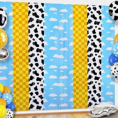 2PCS Story Birthday Decorations Backdrop Tinsel Foil Fringe Curtains | Blue Sky, White Cloud, Cow Theme, Cartoon Party Supplies, Baby Shower Decorations in Saudi Arabia
