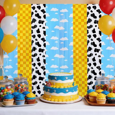 2PCS Story Birthday Decorations Backdrop Tinsel Foil Fringe Curtains | Blue Sky, White Cloud, Cow Theme, Cartoon Party Supplies, Baby Shower Decorations in Saudi Arabia