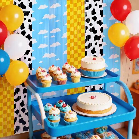 2PCS Story Birthday Decorations Backdrop Tinsel Foil Fringe Curtains | Blue Sky, White Cloud, Cow Theme, Cartoon Party Supplies, Baby Shower Decorations in Saudi Arabia