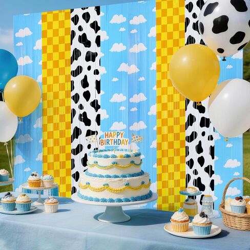 2PCS Story Birthday Decorations Backdrop Tinsel Foil Fringe Curtains | Blue Sky, White Cloud, Cow Theme, Cartoon Party Supplies, Baby Shower Decorations in Saudi Arabia