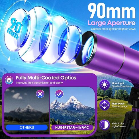90/600mm Refractor Telescope for Adults & Beginners Stargazing | 90mm Aperture 60mm High Power Portable Travel Telescopes with Moon Phase Guide, Moon Filter, Tripod, Phone Adapter, Carry Bag in Kuwait