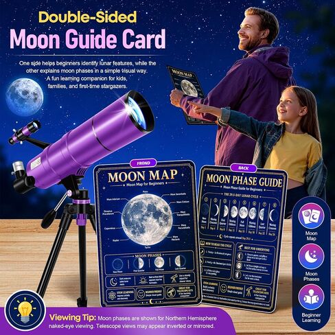 90/600mm Refractor Telescope for Adults & Beginners Stargazing | 90mm Aperture 60mm High Power Portable Travel Telescopes with Moon Phase Guide, Moon Filter, Tripod, Phone Adapter, Carry Bag in Kuwait