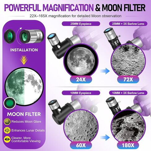 90/600mm Refractor Telescope for Adults & Beginners Stargazing | 90mm Aperture 60mm High Power Portable Travel Telescopes with Moon Phase Guide, Moon Filter, Tripod, Phone Adapter, Carry Bag in Kuwait