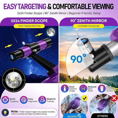 90/600mm Refractor Telescope for Adults & Beginners Stargazing | 90mm Aperture 60mm High Power Portable Travel Telescopes with Moon Phase Guide, Moon Filter, Tripod, Phone Adapter, Carry Bag in Kuwait