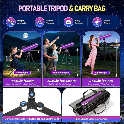 90/600mm Refractor Telescope for Adults & Beginners Stargazing | 90mm Aperture 60mm High Power Portable Travel Telescopes with Moon Phase Guide, Moon Filter, Tripod, Phone Adapter, Carry Bag in Kuwait