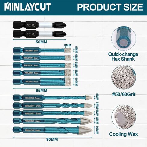 Tile Glass Drill Bits - 12PCS 3/16"-3/8" Diamond Drill Bits Set for Procelain Ceramic Tile Glass Wood Plastic PVC,Drill Bit with 1/4 Inch Quick Change Hex Shank in Saudi Arabia