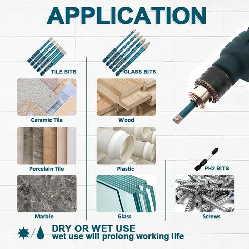Tile Glass Drill Bits - 12PCS 3/16"-3/8" Diamond Drill Bits Set for Procelain Ceramic Tile Glass Wood Plastic PVC,Drill Bit with 1/4 Inch Quick Change Hex Shank in Saudi Arabia