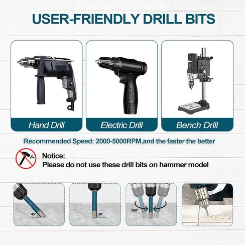 Tile Glass Drill Bits - 12PCS 3/16"-3/8" Diamond Drill Bits Set for Procelain Ceramic Tile Glass Wood Plastic PVC,Drill Bit with 1/4 Inch Quick Change Hex Shank in Saudi Arabia