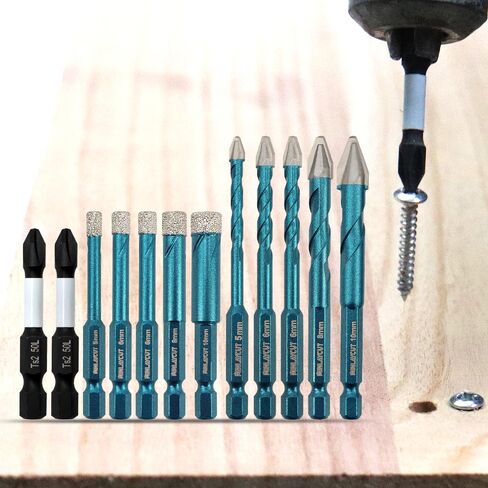 Tile Glass Drill Bits - 12PCS 3/16"-3/8" Diamond Drill Bits Set for Procelain Ceramic Tile Glass Wood Plastic PVC,Drill Bit with 1/4 Inch Quick Change Hex Shank in Saudi Arabia