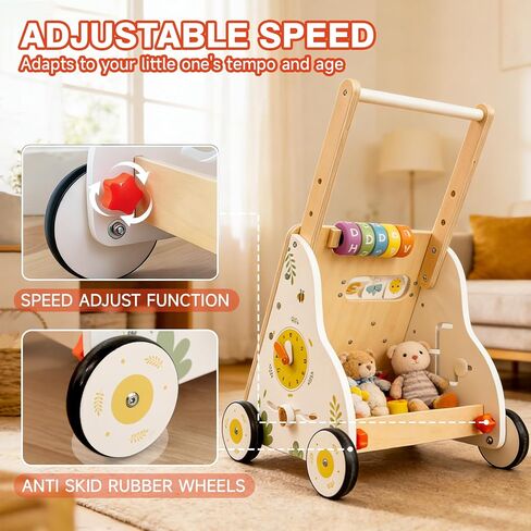 Wooden Baby Walker with Wheels, Baby Push Walker Adjustable Speed for Boys and Girls,Montessori Activity Center Walking Toys for 1 Year Old Learning to Walk,First Birthday Gift in Saudi Arabia