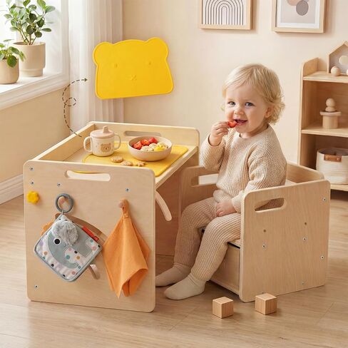 Montessori Table and Chair Set - Adjustable Toddler Weaning Table with Storage Box & Table Mat, Baby Furniture Gift for 1-3 Year Old Kids Learning, Play and Mealtime in Kuwait