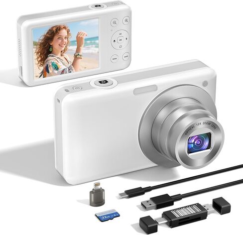 4K 64MP Digital Camera: Portable Compact Point and Shoot Camera with 12X Optical Zoom, Autofocus & Anti-Shake Pocket-Size for Travel Teens Students Adults, 64GB Card Included in Saudi Arabia