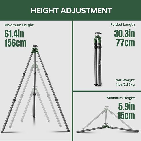 QM-2836 Shooting Tripod, Inverted Hunting Carbon Fiber Tripod with 45mm Ball Head and Picatinny to Arca Swiss Adapters, 36mm Thick Tubes, Max Load 55lbs Green in Saudi Arabia