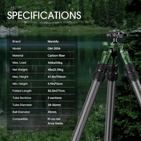 QM-2836 Shooting Tripod, Inverted Hunting Carbon Fiber Tripod with 45mm Ball Head and Picatinny to Arca Swiss Adapters, 36mm Thick Tubes, Max Load 55lbs Green in Saudi Arabia