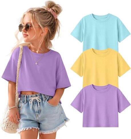3 Pack Toddler Girls Crop Oversized Tops | 18M-5T, Short Sleeve, Crew Neck, Loose Fit, Cropped, Soft, Stretchy, Basic Tees, Casual, Athletic, Summer, Little Girls in Saudi Arabia