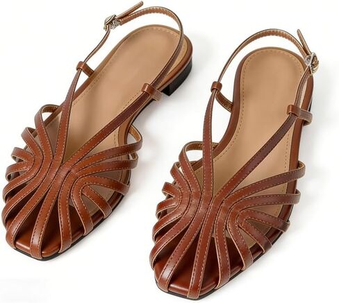 MAVMAX Slingback Flat Sandals for Women Fashion Strappy Square Toe Low Heeled Flats with Adjustable Buckle Summer Comfortable Dressy Shoes,Brown,US8 in Saudi Arabia