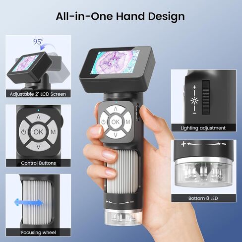 4K HDMI Digital Microscope with Flex Arm Stand, K UHD 3840P Video, Handheld Coin Magnifier Full View + LM112 Microscope for Kids Adults Handheld with 2" Screen, 500X Portable Microscope Kit in Saudi Arabia