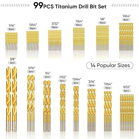 Metric 99 Pcs Titanium Twist Drill Bit Sets,135° Tip High Speed Steel,Sizes from 1/16" to 3/8",Ideal Drill Tool for Wood/Aluminum Alloy/Cast Iron/Fiberglass/Plastic,with Index Storage Case in Kuwait