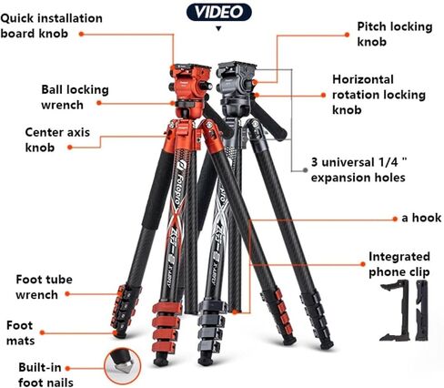 X-AIRFLY Carbon Fiber Tripod: Effortless Photography & Video Capture - Lightweight, Stable, and Expandable to 164cm - Innovative Hydraulic Pan Tilt for Most Terrain #Orange in Kuwait
