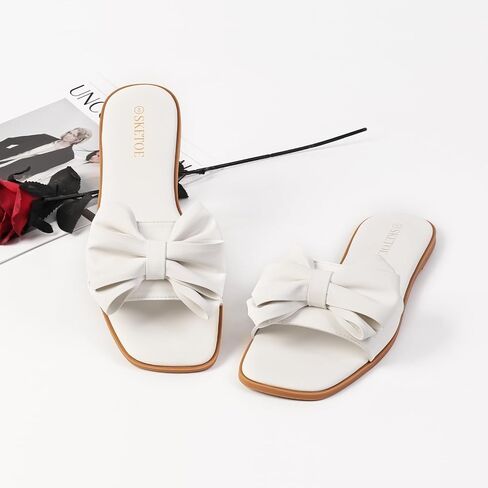 Women's Bow Flat Sandals Saquare Toe Comfortable Slide for Wedding in Kuwait