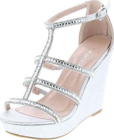 TOP Moda Women's Formal Rhinestone High Heel Sandal Ankle Strap,Silver Glitter-2,7 in Kuwait