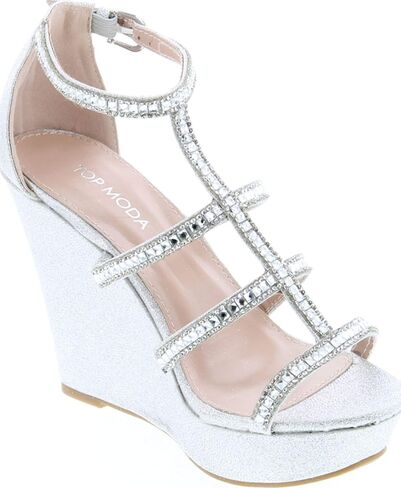 TOP Moda Women's Formal Rhinestone High Heel Sandal Ankle Strap,Silver Glitter-2,7 in Kuwait