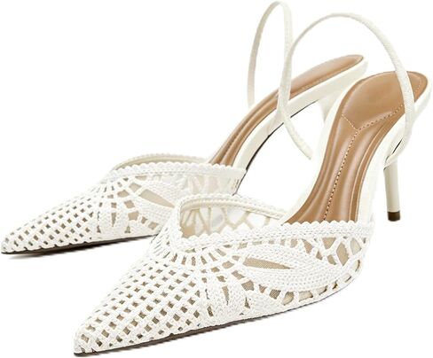 Women Crochet Heels Slingback Pointed Toe Mesh Pumps Breathable Summer Dress Shoes Kitten Heel Elegant Wedding Party Sandals in Saudi Arabia