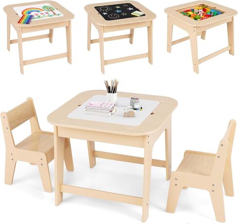 INFANS Kids Table and Chair Set, Wooden Activity Table for Toddlers Arts Crafts Drawing Reading Playing Building Block Drawing, Children Natural Furniture Set for Playroom Nursery in Saudi Arabia