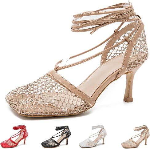 Women's Mesh Square Toe High Heeled Sandals with Ankle Wrap Strap Fashion Fishnet Breathable Lace Up Stiletto Pumps for Summer Party Wedding Date Night Club in Kuwait