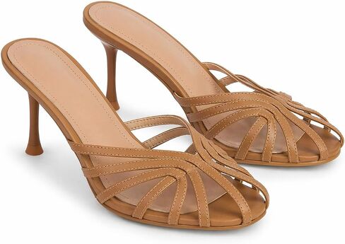 Strappy Kitten Heels for Women Open Round Toe Kitten Heeled Mules Slip on Sandals Summer Beach Party Dressy Slides Shoes in Kuwait