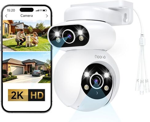 Noorio 2K Dual-Lens Outdoor Security Camera, 360° PTZ | Plug-In Camera, 2.4GHz WiFi, IP65 Waterproof With Siren Alarm, Auto Tracking, Color Night Vision, 24/7 Recording in Saudi Arabia