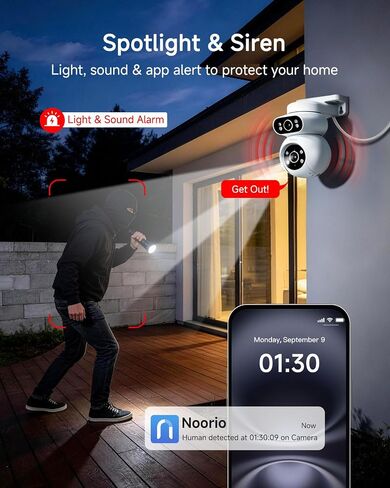 Noorio 2K Dual-Lens Outdoor Security Camera, 360° PTZ | Plug-In Camera, 2.4GHz WiFi, IP65 Waterproof With Siren Alarm, Auto Tracking, Color Night Vision, 24/7 Recording in Saudi Arabia