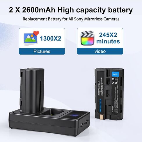 2 Pack NP-F550 Batteries and Charger, 2600mAh High Capacity Replacement for Sony NP F570, F550, F530, F970, F960, F770, F750, F330, CCD-SC55, TR516, TR716, TR818, TR910, TR917 in Saudi Arabia