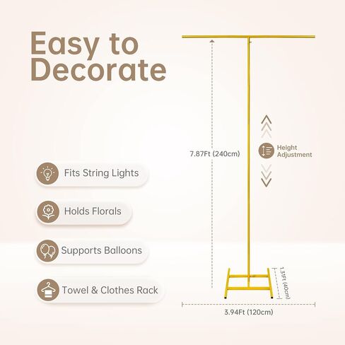 7.87FT Gold T-Shaped Metal Arch Backdrop Stand for Wedding Party | Metal Frame,47"x16"x94",Dual Use Wedding Decor & Clothes Rack,Comes With Stakes,Water Bags,Storage Bag in Saudi Arabia