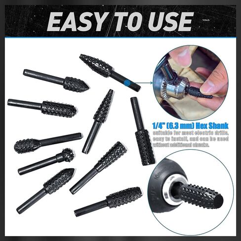 10Pcs Woodworking Twist Drill Bits, Wood Carving Rasp Drill Bits 1/4" Shank | Electrical Tools Woodworking Rasp Chisel Shaped Rotating Embossed Grinding Head in Saudi Arabia