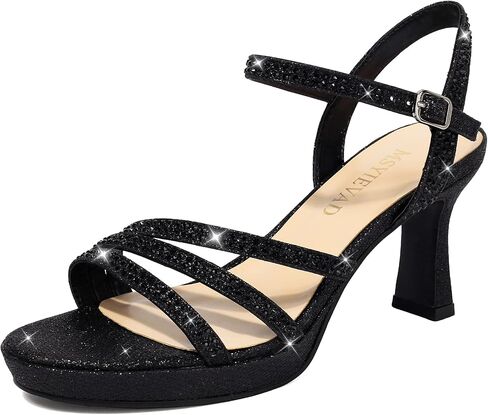 Women's Sparkly Rhinestone Platform Sandals Chunky Block Heel Open Toe Ankle Strap Comfortable High Heels for Wedding Party Prom Evening Dress Shoes in Kuwait