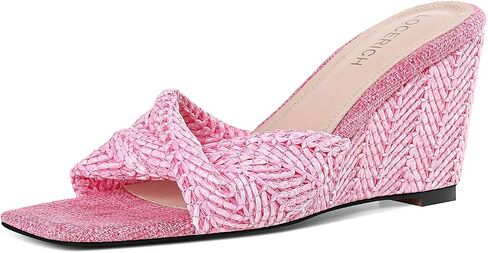 Wedge Sandals for Women Summer Espadrille Platform Slip On Slides Mules | Raffia Braided Square Open Toe High Heel Wedges Shoes for Dressy Beach Evening in Saudi Arabia