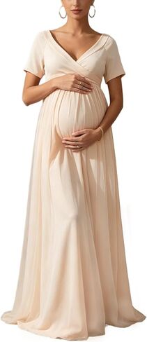 Maternity Maxi Dress Short Sleeve Chiffon Flowy Baby Shower Gown | Light chiffon maternity gown, wrap V neck short sleeve pregnancy dress, formal for maternity shoot & wedding guest in Kuwait
