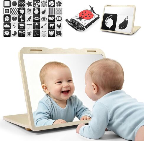 Tummy Time Toys with Real Mirror, Visual Stimulation Learning Cards and Soft High Contrast Black and White Baby Book for Newborn in Saudi Arabia