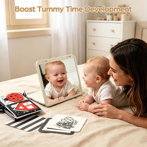 Tummy Time Toys with Real Mirror, Visual Stimulation Learning Cards and Soft High Contrast Black and White Baby Book for Newborn in Saudi Arabia