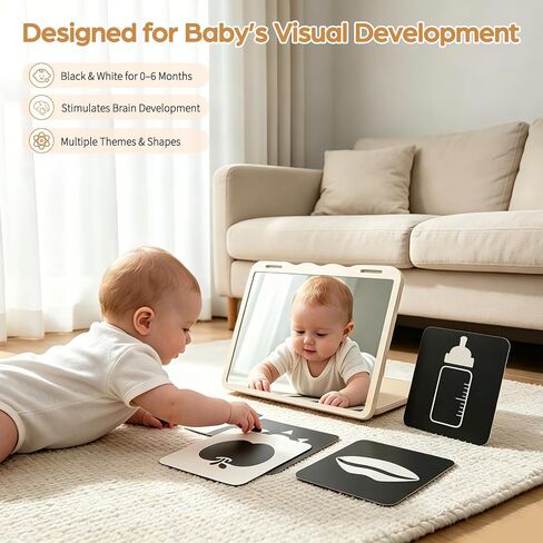 Tummy Time Toys with Real Mirror, Visual Stimulation Learning Cards and Soft High Contrast Black and White Baby Book for Newborn in Saudi Arabia