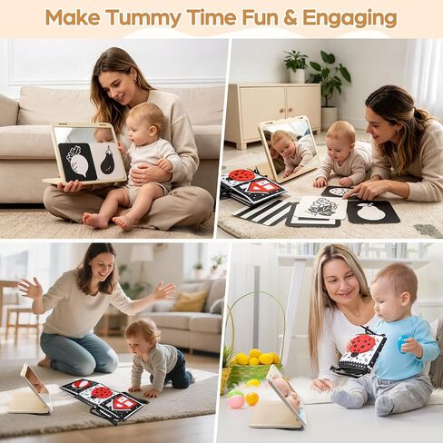 Tummy Time Toys with Real Mirror, Visual Stimulation Learning Cards and Soft High Contrast Black and White Baby Book for Newborn in Saudi Arabia