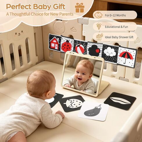 Tummy Time Toys with Real Mirror, Visual Stimulation Learning Cards and Soft High Contrast Black and White Baby Book for Newborn in Saudi Arabia