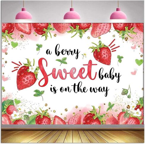 HQM Strawberry Baby Shower Photo Banner Strawberry Girl Baby Shower Newborn Party Decorations Photography Backdrop 71x47.2 in A Berry Sweet Baby is On The Way Background Cake Table Supplies in Saudi Arabia