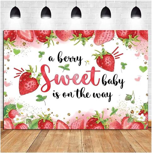 HQM Strawberry Baby Shower Photo Banner Strawberry Girl Baby Shower Newborn Party Decorations Photography Backdrop 71x47.2 in A Berry Sweet Baby is On The Way Background Cake Table Supplies in Saudi Arabia