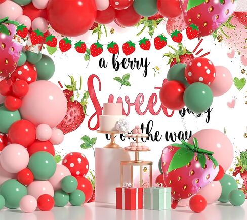 HQM Strawberry Baby Shower Photo Banner Strawberry Girl Baby Shower Newborn Party Decorations Photography Backdrop 71x47.2 in A Berry Sweet Baby is On The Way Background Cake Table Supplies in Saudi Arabia
