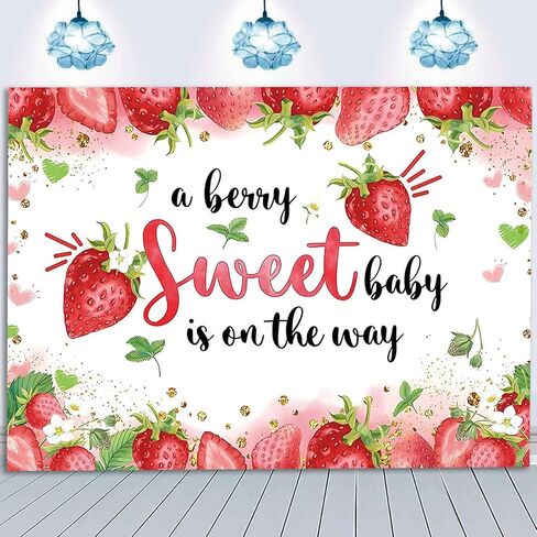 HQM Strawberry Baby Shower Photo Banner Strawberry Girl Baby Shower Newborn Party Decorations Photography Backdrop 71x47.2 in A Berry Sweet Baby is On The Way Background Cake Table Supplies in Saudi Arabia