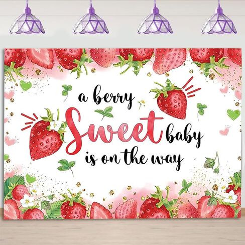 HQM Strawberry Baby Shower Photo Banner Strawberry Girl Baby Shower Newborn Party Decorations Photography Backdrop 71x47.2 in A Berry Sweet Baby is On The Way Background Cake Table Supplies in Saudi Arabia