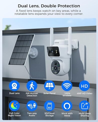 Solar Dual Lens Security Cameras Wireless Outdoor, Work with Home Dual Lens Security Camera System, 2.4G & 5G WiFi 4MP Colorful Night Vision PIR Two-Way Audio PT 360° in Kuwait