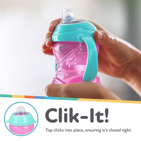 Nuby Clik-It Grip N' Sip Soft Spout No-Spill Training Sippy Cup with Handles - (3-Pack) 10 oz - 4+ Months - Aqua/Purple/Pink in Kuwait